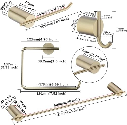 RANDOM Brushed Gold Bathroom Hardware Set 5 Pieces Include 24 inch Towel Bar Towel Ring Toilet Paper Holder Towel Hook for Bathroom,SUS304 Stainless Steel.RD96068S-5BG-2 - Image 2