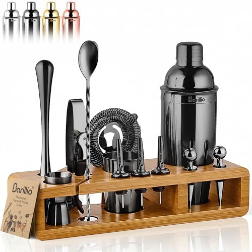 Barillio Black Bartender Kit - Stainless-Steel Cocktail Shaker Set w/Bamboo Stand - Mixology Bar Tools w/Drink Shaker, Mixer Spoon & Muddler for Cocktails - Home Bar Accessories - 23-Pc Bar Set by Barillio