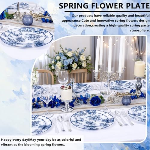 60PCS Blue Floral Plates Disposable - Blue Plastic Plates - Blue and White Plate Include 30 Dinner & 30 Dessert Plates for Bridal Birthday Wedding Party Decorative - Image 6