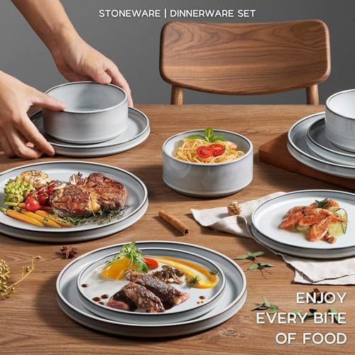 Onader Dinnerware Dishes Sets for 8, Stoneware Plates and Bowls with Unglazed Terracotta Bottom, Ceramic Kitchen Dinner Dish Set, 24 Piece - Glacier White - Image 6