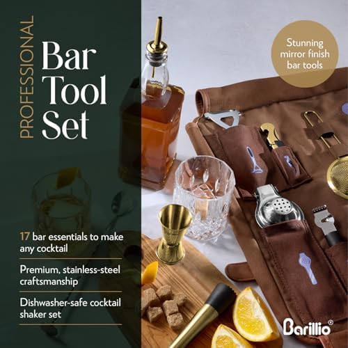 Barillio Bartender Kit Bag with Gold Cocktail Shaker Set - Waxed Canvas, Traveling Bar Tools Bag with 17-Pc Cocktail Kit - Travel Mixology Bartending Kits - Mobile Bar Roll with Strap & Accessories - Image 6