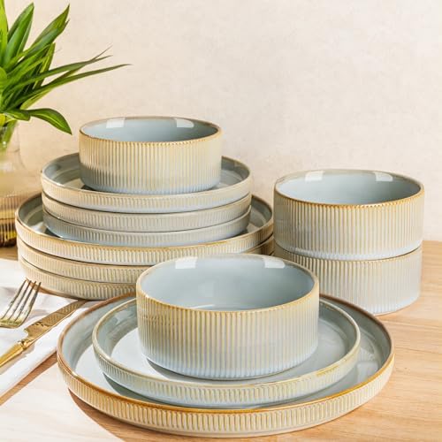 TheTerra Ceramic Dinnerware Set for 4, 12-Piece Plates and Bowls Set by TheTerra