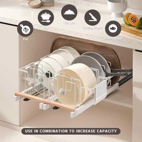 Magheo 2 Pack Pull Out Pots and Pans Organizer Under Cabinet, 22" Deep Expandable Pot Lid Organizer and Storage with 10 Adjustable Dividers Adhesive Pot and Pan Holder Rack with Handle Bracket(White) - Image 2