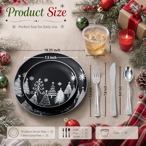 KIRE 150PCS Christmas Plates Disposable & Dinnerware Set for 25 Guests - Black & Silver Plates, Plastic Silverware & Cups With Silver Rim for Christmas/New Year - Image 2