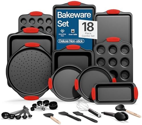 BAKKEN Kitchen Baking Pan Set - Nonstick Coating, Carbon Steel Bakeware Sets with Red Silicone Handles, Baking Kitchen Essentials, PFOA, PFOS, PTFE Free, Oven Safe Tray (Up To 450° F), Set of 18 by BAKK%C3%8BNMASTER