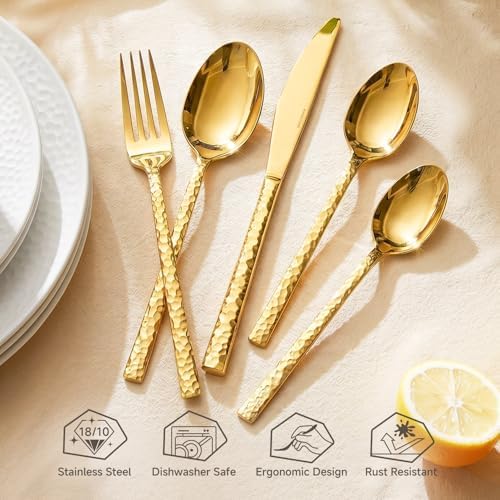 60 Piece Gold Silverware Set,18/10 Stainless Steel Hammered Flatware for 12 - Image 2