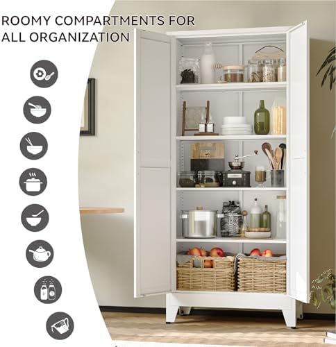COFaR 71" Metal Pantry Cabinet with 5 Adjustable Shelves, White Storage Cabinet with Doors, Sturdy Freestanding Cupboard for Kitchen Organization, Living Room & Bathroom - Image 6
