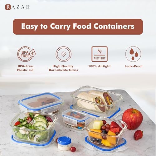 Razab 35 Pc Set Glass Food Storage Containers with Lids - Meal Prep Airtight Bento Boxes BPA-Free 100% Leak Proof (15 lids,15 glass & 5 Plastic Sauce/Dip Containers) - Image 7