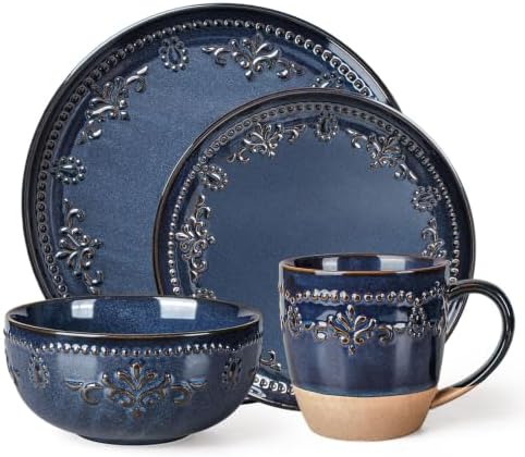 Artena 4-Piece Handcrafted Ceramic Dinnerware Set with Mugs, Service for 1 – Reactive Glaze Embossed Plates, Bowls & Mugs, Dishwasher & Microwave Safe, Blue, Damask Floral by Artena