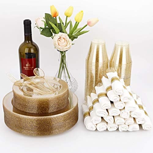 DaYammi 350PCS Gold Glitter Plastic Dinnerware Set for 50 Guests - Image 2