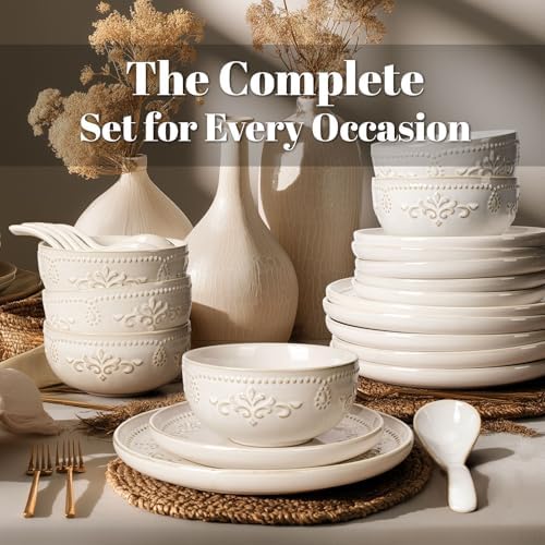 Artena Plates And Bowls Sets, 24 Pieces Dinnerware Sets, Dish Set For 6, Ceramic Kitchen Bowl And Plate Set, Embossed White Dishware Sets, Dishwasher & Microwave Safe (Damask Floral) - Image 3