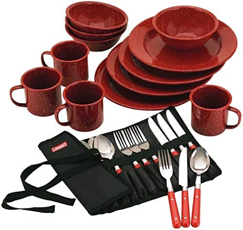 Coleman 24-Piece Enamel Dinnerware Set for Outdoor Dining, Dishwasher Safe, Full Dinnerware & Flatware Set for 4 People by Unknown