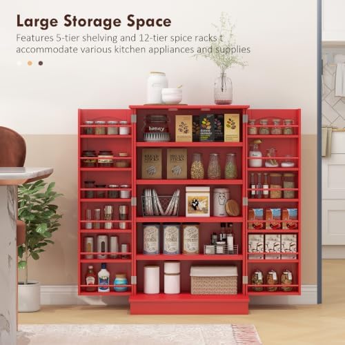 HOMCOM 41" Kitchen Pantry Storage Cabinet 12 Door Shelves Red - Image 4
