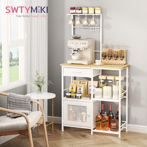 SWTYMIKI Coffee Bar with Hanging Rack - Farmhouse Coffee Stand Station Multi-Purpose Buffet Sideboard Cabinet with Drawers - Kitchen Bar Table for Living Room, Corner, Small Space, Natural - Image 3