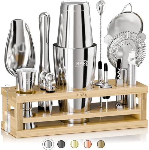 BARE BARREL® Mixology Bartender Kit Bar Set | 16-Piece Cocktail Shaker Set | Martini Barware Mixing Tools for Home Bartending | Incl. 35 Recipe Cards | Gift Set (28oz Boston Shaker, Silver/Natural) by BareBarrel