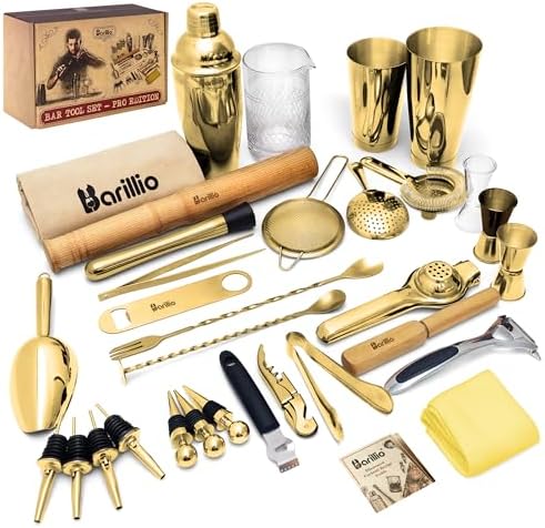 Barillio Bar Tool Set Pro Edition - Gold Stainless-Steel Cocktail Shaker Set - Mixology Bartender Kit w/Boston Shaker, Drink Mixer & Muddler for Cocktails - Home Bar Accessories - 32-Pc Bar kit by Barillio