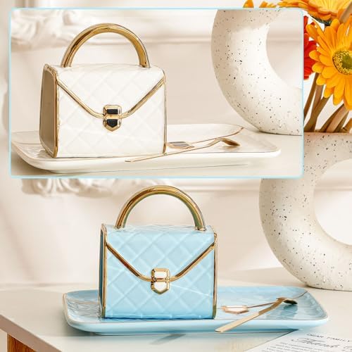 Zubebe 2 Sets Coffee Mug Elegant Handbag Shaped Cup,White,Blue - Image 3