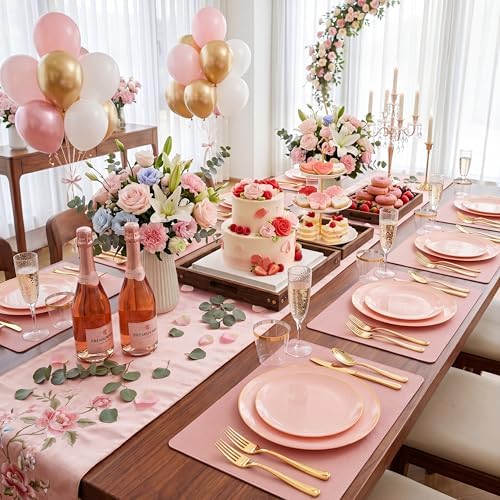 NOCCUR 350PCS Pink Plates Disposable - Pink Gold Plastic Dinnerware Set for 50 Guests Include 100 Dinner/Dessert Plates,150 Cutlery,50 Cups&50 Napkins - Ideal for Party/Wedding/Mother's Day - Image 6