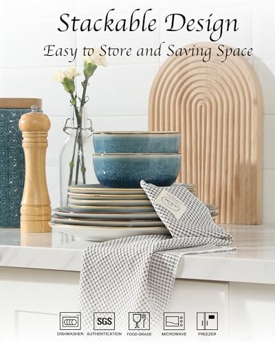 Sweejar 24 Piece Dinnerware Sets for 8, Porcelain Plates and Bowls Set for Kitchen, Housewaring Gift, Chip and Scratch Resistant, Easy Cleaning Dishes Set, Stack Compactly Dishware, Blue - Image 6