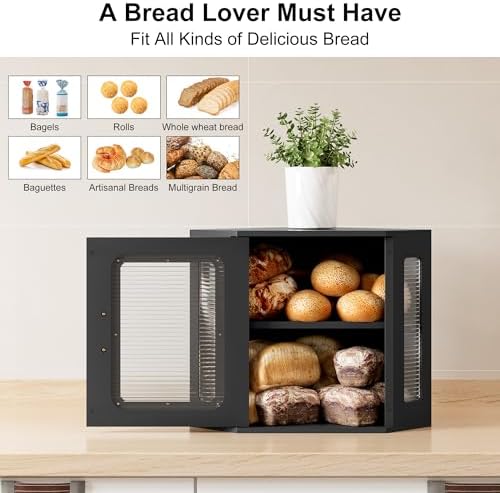 TQVAI Bread Box for Kitchen Countertop Large Corner Bread Loaf Storage Container Double Layer Wooden Bread Boxes Bin Farmhouse Pantry Shelf with Acrylic Window, Black - Image 2
