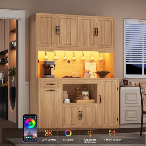 Fluted Kitchen Pantry Cabinet with Charging Station & LED Light, 47" Wide Kitchen Pantry Storage Cabinet with Countertop, Microwave & Appliance Storage, Food Pantry Cabinet for Dining Room ,Natural - Image 6