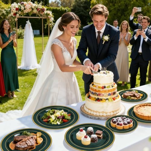 WDF Partyware 175PCS Green Plastic Plates - Green and Gold Disposable Plates 25Guests Plastic Plates with Rolled Napkins for Birthday/Party/Wedding - Image 6