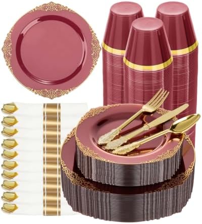 Bestluck 175PCS Burgundy Disposable Dinnerware for 25 Guests by Bestluck