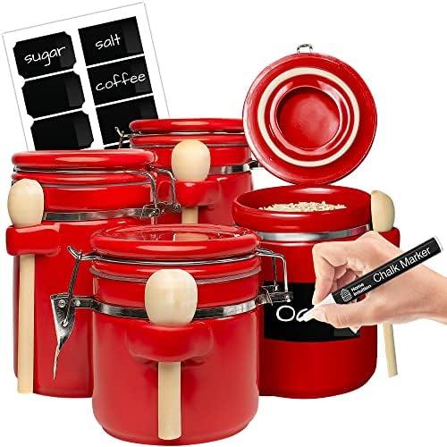 Home Intuition Smell Proof 4-Piece Ceramic Kitchen Canisters Set, Airtight Containers with Wooden Spoons Reusable Chalk Labels and Marker for Sugar, Coffee, Flour, Tea (Red) by HomeIntuition