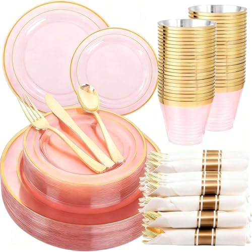 WELLIFE 350Pcs Clear-Pink Plastic Dinnerware- Pink and Gold Plastic Dinnerware include 50 Dinner Plates, 50 Dessert Plates, 150 Gold Silverware, 50 Cups and 50 Napkins Perfect for Parties by WELLIFE