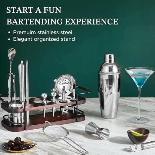 KITESSENSU Cocktail Shaker Set Bartender Kit with Stand | Complete 24-Piece Bar Set Cocktail Kit with All Bar Accessories: Martini Shaker, Jigger, Muddler | Drink Mixer Set for Home Bar Cocktails - Image 2