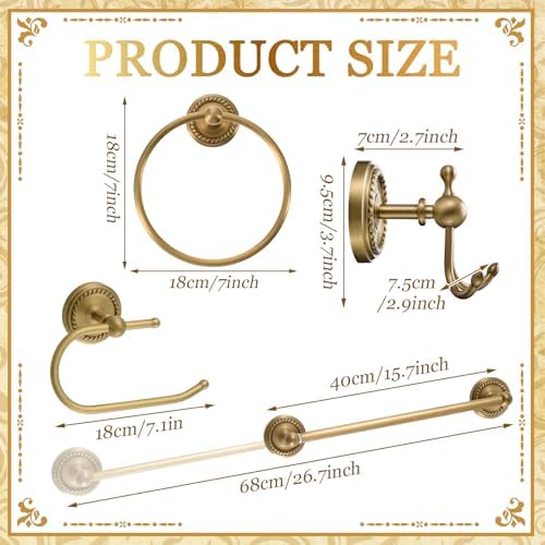 4 Pcs Antique Brass Gold Bathroom Accessories Set Wall-Mounted Towel Rack & Towel Ring & Toilet Paper Holder & Robe Hook, Wall Mounted Brass Vintage Bath Hardware Fixture Set(Style 5) - Image 2