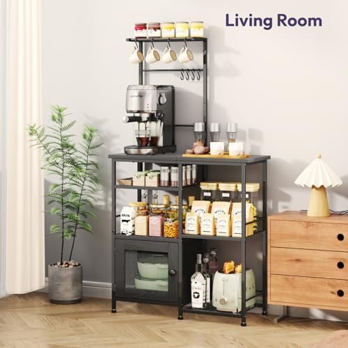SWTYMIKI Bakers Rack with Storage - Coffee Bar Cabinet Organizer with 8 Hooks, Shelves & Cabinet Door, Coffee Station for Kitchen Dining Room, Microwave Stand with Adjustable Feet, Black - Image 4