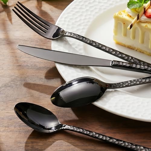 20 Piece Black Silverware Set,18/10 Stainless Steel Hammered Flatware for 4 - Image 6
