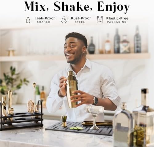 BARE BARREL® Mixology Bartender Kit Bar Set | 14-Piece Cocktail Shaker Set | Martini Barware Mixing Tools for Home Bartending | 35 Recipe Cards | Gift Set (24oz Cobbler Shaker, Gold/Black) - Image 3