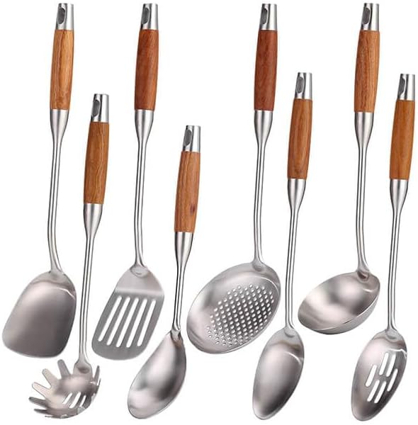 18/10 Stainless Steel Kitchen Utensils Set with Wooden Handle by Standcn