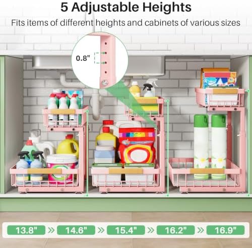 Kitstorack Under Sink Organizer, 2 Tier Under the Sink Storage, Slide out Pull out Cabinet Organizer Shelf, Metal Sliding Drawer for Kitchen Bathroom Pantry Closet Organization Rack, Pink, 2 Pack - Image 4