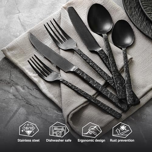 36 Pcs Black Hammered Silverware Set with Steak Knives for 6, 18/10 Steel - Image 3