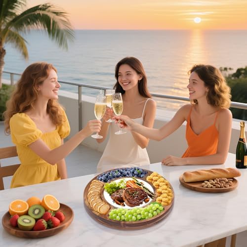 13.5" Round Acacia Wood Cheese & Charcuterie Board Set with Slate Chiller, Hidden Drawer & 420 Stainless Steel Knives/Forks - Ideal Wedding, Housewarming, Birthday Gifts - Image 3