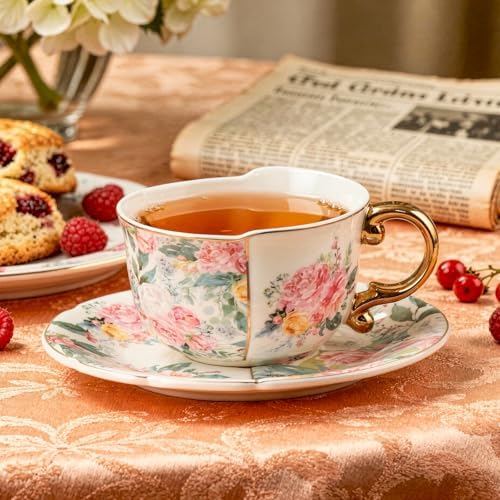 KAMMAK Tea Cups and Saucers Set of 2, Fine Bone China Coffee Cups, YX011 - Image 4