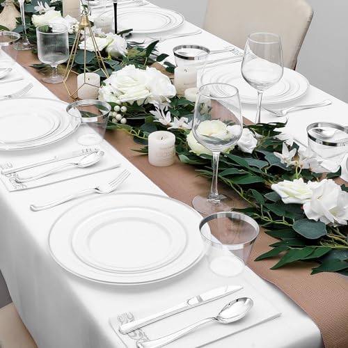 350-Piece Silver Rim Plastic Dinnerware Set for 50 Guests, Elegant Disposable Dinnerware for Party, Wedding, Includes Dinner Plates, Dessert Plates, Silverware, Napkins, Cups - Image 6
