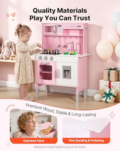 VEVOR Play Kitchen for Kids, Wooden Kids Kitchen Playset with Real Lights & Sounds, Food & Cookware, Pretend Play Toy Set, Microwave, Oven, Clicking Knobs, for Toddlers, Girls & Boys Ages 3-8, Pink - Image 2