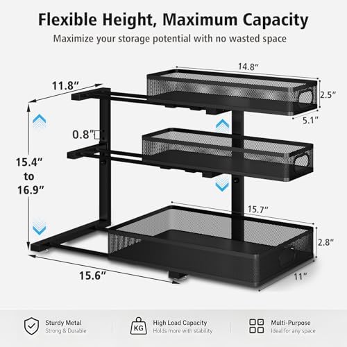 Under Sink Organizer, 3 Tier Pull Out Cabinet Organizer with 5 Adjustable Heights, Metal Under Sink Storage with Sliding Drawers for Kitchen, Bathroom, Pantry and Laundry Room, 2-Pack Black - Image 3