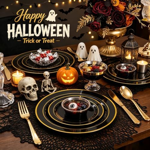 GATHER 700PCS Black Plastic Plates 100 Guest for Wedding Party Halloween - Image 6