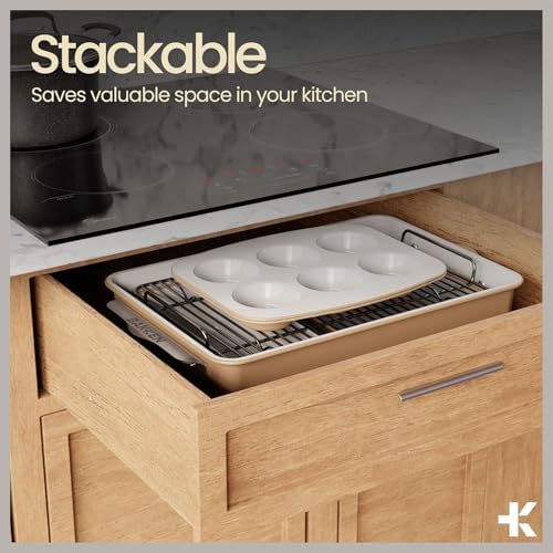 Bakken 8-Piece Stackable Bakeware Set – Ceramic Non-Stick, Oven-Safe Baking Sheets & Pans, PTFE/PFOA/PFOS-Free, Ergonomic Handles, Includes Cooling Rack – Healthy, Non-Toxic Baking Essentials, Gold - Image 5