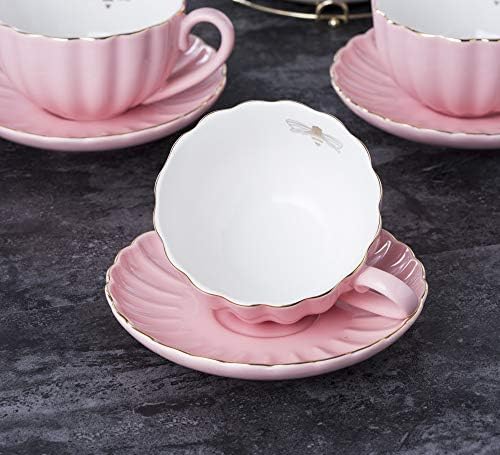 Jusalpha Fine China Pink Coffee Cup/Teacup Set, 7 OZ Cups& Saucer Service for 4, with Teapot-Sugar Bowl-Cream Pitcher Teaspoons and tea strainer for Tea/Coffee, 17-Pieces (TW Full set) - Image 3
