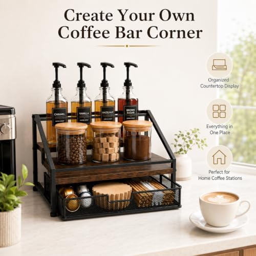 Coffee Bar Syrup Dispenser Set, 4 Pack 16.9oz/500ml Glass Syrup Dispensers with 1/4 oz Pumps & Stand, 2-Tier Coffee Bar Organizer Rack with 3 Storage Jars, 36 Labels, Brushes & Funnel - Image 7