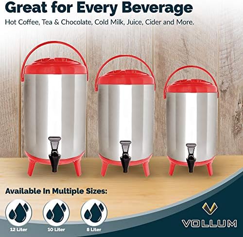 Vollum Stainless Steel Insulated Beverage Dispenser – Insulated Thermal Hot and Cold Coffee Carafe – 8 Liter Drink Dispenser with Spigot for Hot Water, Tea & Coffee, Cold Milk, Juice & More RED - Image 5