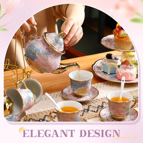 21 Pcs Porcelain Tea Set with 3 Tier Dessert Stand, Purple, Delicate - Image 4