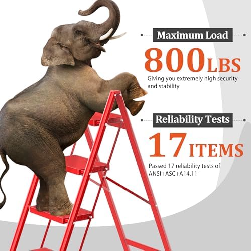 DIAMONDFORGE 4 Step Ladder, Folding Step Stool with Anti-Slip Wide Pedal, Soft Handle, Anti-Slip Feet, Sturdiest Steel Construction, 800lbs Capacity Steel Ladder for Home and Office, Red - Image 2