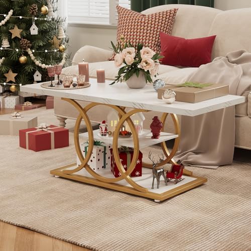 GiftGo Rustic Coffee Table with Storage Modern 3 Tier Center Living Room Table Faux Marble Wooden Rectangle Cocktail Tea Table for Office Bedroom Elegant Full Moon Design (White Gold, L-47) - Image 6